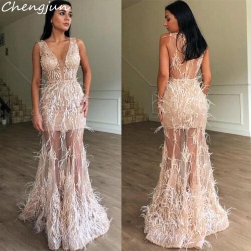 Chengjun Sleeveless Nude Illusion Luxury Feather Beaded V-Neck Long Prom Gowns