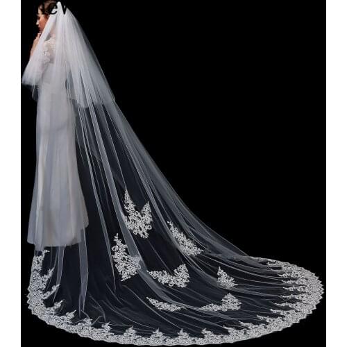 JaneVini Elegant Long Wedding Veils Ivory Two Layer Cathedral Lace Edge Bridal Veil with Comb Applique Tulle Wedding Accessories