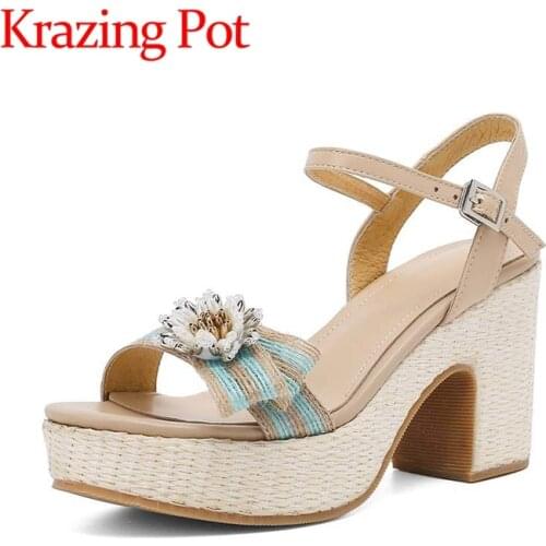 Krazing pot genuine leather round toe metal fasteners flowers young lady maiden waterproof ankle straps mules sandals women L4f3
