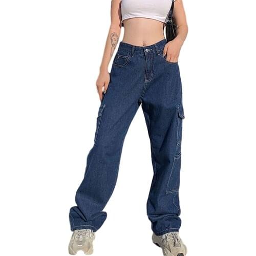 Fashion Straight Denim Pants High Waist Pockets Loose Loose Jeans Womens Cargo Pants Casual Jeans Bottom Pantalon Trousers