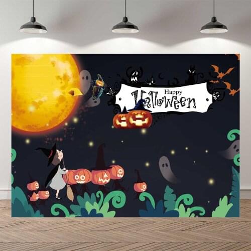 NeoBack Autumn Happy Halloween Night Moon Pumpkin Bat Little Ghost Castle Blue Trick or Treat Party Banner Background