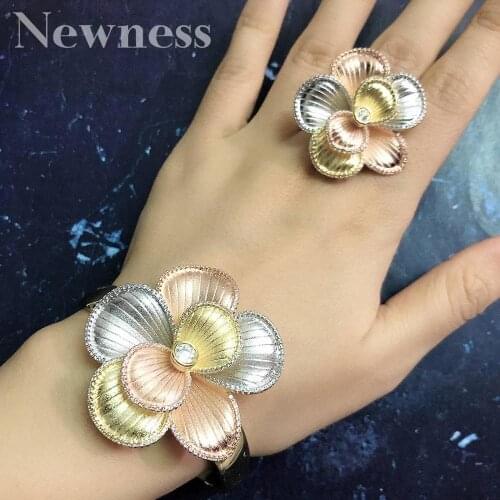 Newness New Arrival Luxury Flower Blossom Women Wedding Naija Bridal Cubic Zirconia Bangle Ring Set Fashion Dress Jewelry Set