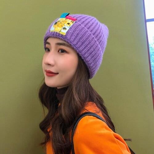 New Design Winter Women Multi Color Van Gogh Sunflower Figure Fashion Outing Ease Match Wind Cold-Proof Skull Knitted Beanie Hat