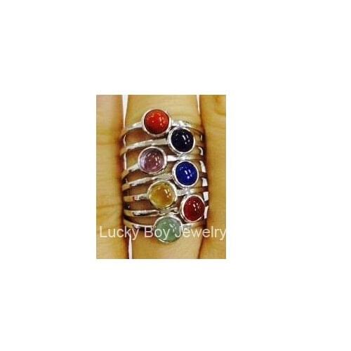 Top Quality Solid 925 Sterling Silver Stack Ring 2015 Fashion Jewelry 7 Chakra Semi-Precious Stones Ring For Women Free Shipping