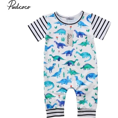 Pudcoco Printed Cartoon Dinosaur Kids Baby Boy Girl Short Sleeve Rompers Jumpsuit Cotton Striped Romper Baby Clothes Green 0-24M
