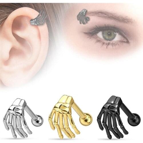 MODRSA 1Piece Black/Gold Stainless Steel Helix Piercing Punk Eyebrow Ear Piercing Ghost Hand Claw Earrings Body Jewelry