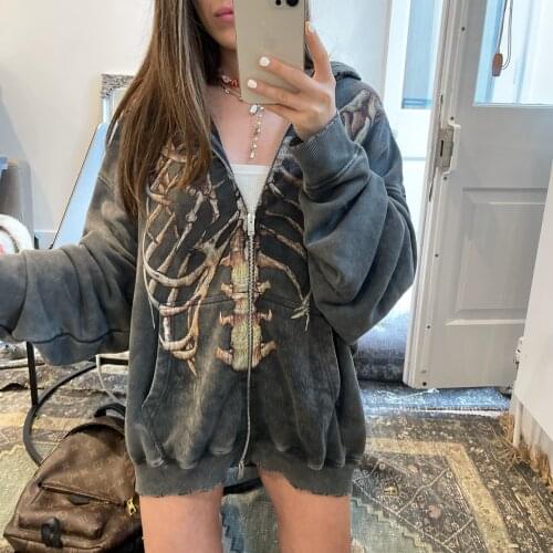 Womens Sweatshirt Casual Hooded Sweater,2021 Autumn New Adults Skeleton Print Long Sleeve Zip Fashion Cardigan with Pockets