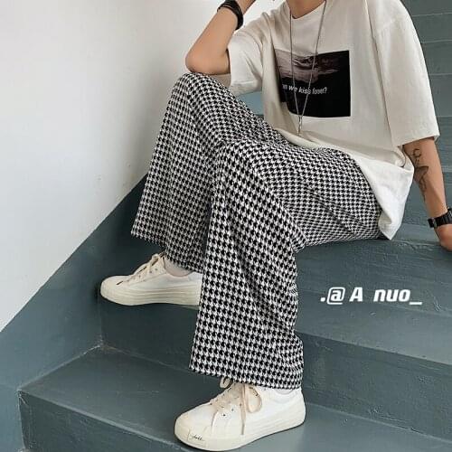 Spring 2021 Autumn Casual Mens Pants Loose Straight Plaid Pants Men Wide Leg Pant Man