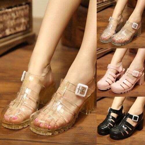 Japanese Sandals Women Summer Mid-Heel Non-slip Girls Water Shoes Transparent Crystal Jelly Beach Shoes Womens Mary Jane Shoes