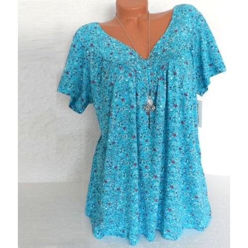 Women Plus Size Short Sleeves Tshirt V-neck Print Pullover Pleated Ruffle Sleeve Tshirt Camisetas Verano Mujer 2021 #P3