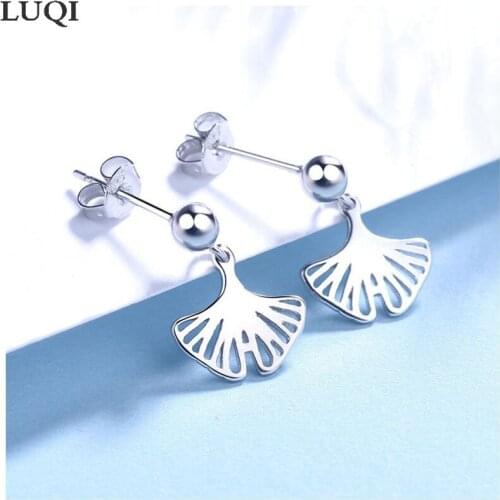 Womens Fashion S925 Silver Plated Platinum Fresh Ginkgo Leaf Stud Earrings ER268