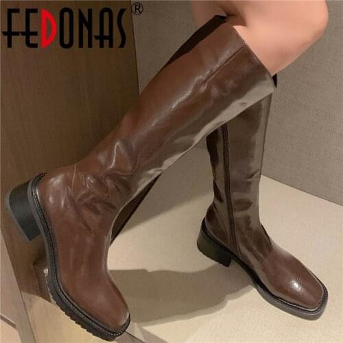 FEDONAS Genuine Leather Women Knee-High Boots Autumn Winter Fashion Concise Casual Party Thick Heels Classic Long Shoes Woman