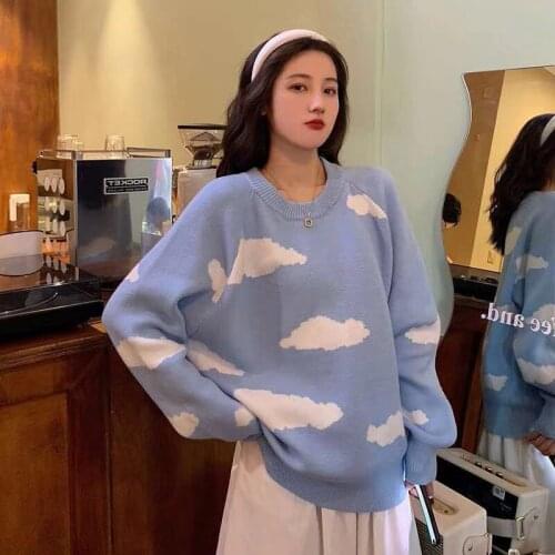 Spring Autumn Lazy Style Women Sweaters Pullover Long-sleeve Cloud Printed Sweater New Loose Korean Student Outerwear Tops 2021
