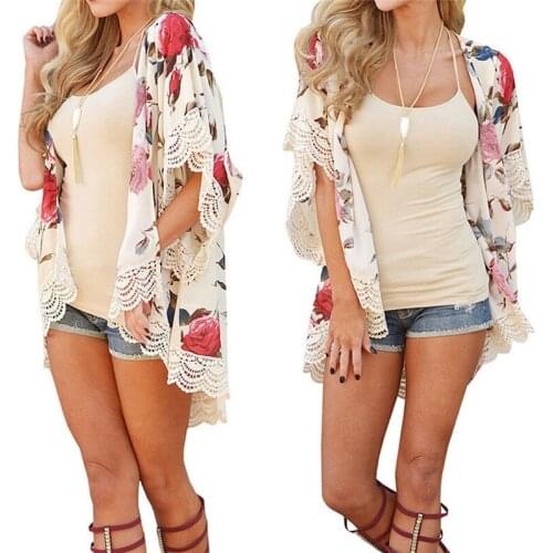 2018 Summer Lace Floral Print Kimono Cardigan Women Loose Long Chiffon Blouse Casual Half Sleeve Boho Beach Tops Shawl Shirts
