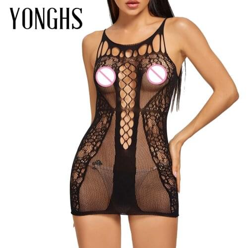 Womens Lingerie See-through Fishnet Dress Hollow Out Erotic Lingerie Nightwear Sleepwear Babydolls Underwear Sleeveless Dresses