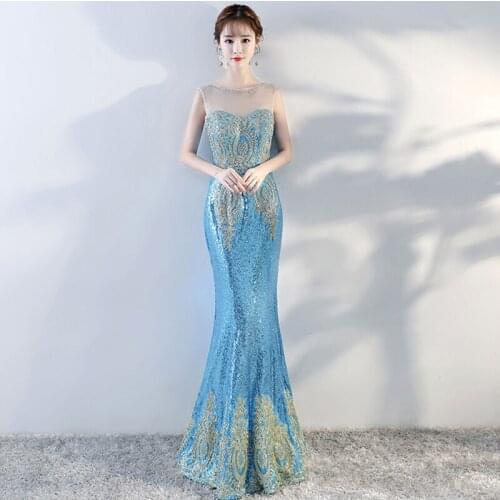 New sky blue floor length sequines mermaid lady girl women princess bridesmaid banquet party ball dress gown