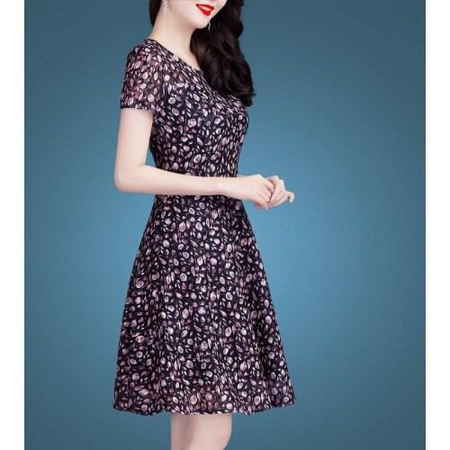 Floral Chiffon Female Short-Sleeved Comfortable Summer New Fashion Retro High-End Temperament Cocktail Dresses 4860