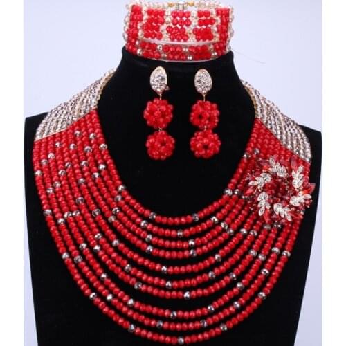 10 Layers Nigerian Wedding Beads Necklaces Jewelry Set 2016 African Costume Red Mix Gold Indian Christmas Beads Free Shipping