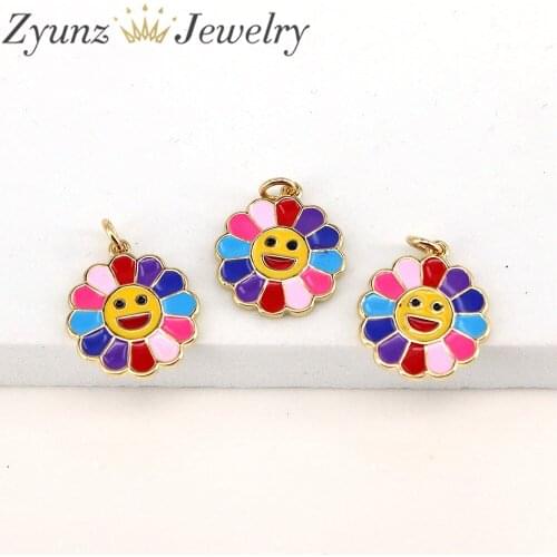 20PCS, Smiley Face Sunflower Enamel Charms Oil Drop Flowers Pendants For Women DIY Jewelry Necklace Bracelet Earring Accessory