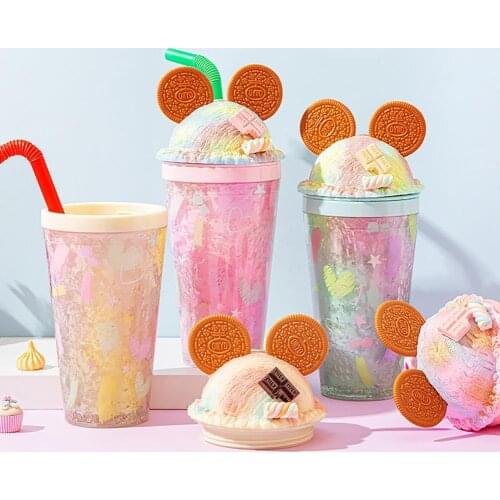 480ml Summer Double Layer Ice Crack Straws Smoothie Maker Cup Small Frozen Plastic Milkshake Smoothie Cups Iced Drinks Mug