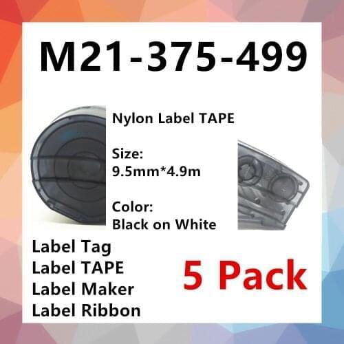 5PK BMP21 Nylon Label Tag TAPE Ribbon M21 375 499 For BMP21 PLUS Printer Black On White label maker label tape 9.5mm * 4.9m
