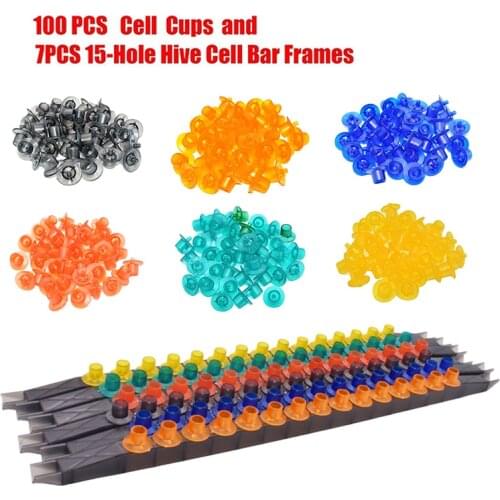 7PCS 15-Hole Cell Bar Frames with 100pcs Cell Cups Queen Rearing Tool