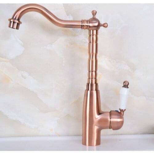 Swivel Spout Antique Red Copper Bathroom Faucet Deck Mounted Single Handle Cold and Hot Water Taps Basin / Sink Faucets lnf637