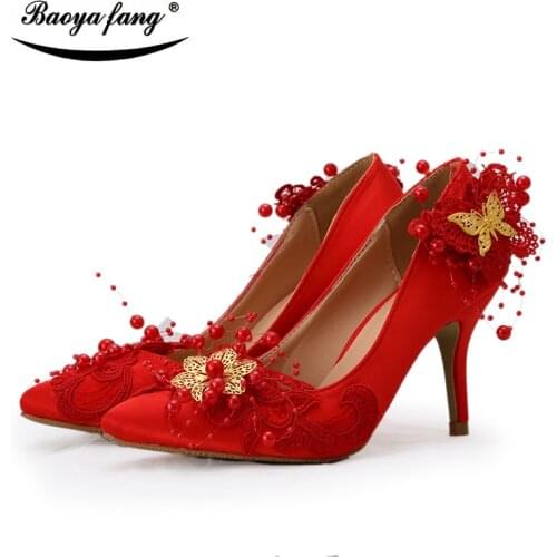 BaoYaFang Red flower Bowtie Womens wedding shoes Bride Bridesmaid dress shoes woman pointed toe 8cm low heel Pumps
