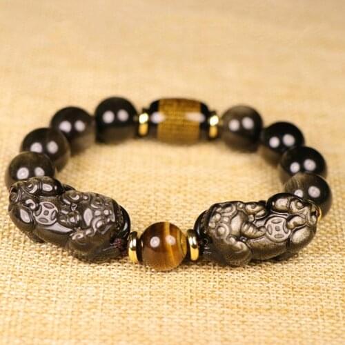 Natural Black Gold Obsidian Double PiXiu Bracelet Buddhist Prayer Brave Troops Stone Bead Bangle DIY Bracelets For Men Women