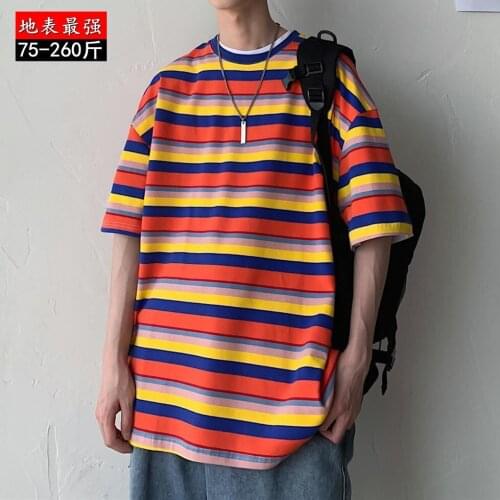 Oversiezed T Shirt For Men Summer Rainbow Striped Short Sleeve Round Neck Korean Style Harajuku Casual Men and Women Couple Tops