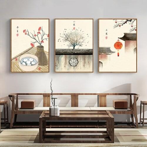 New Chinese Style Ink Canvas Painting Abstract Winter Solstice Landscape Wall Art Poster and Print Modern Living Room Home Decor