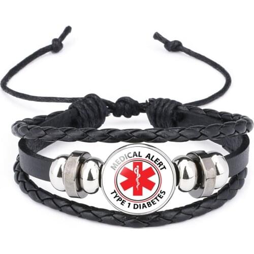 Type 1/2 Diabetic Leather Bracelet Medical Alert Diabetes Glass Cabochon Bracelets Gift