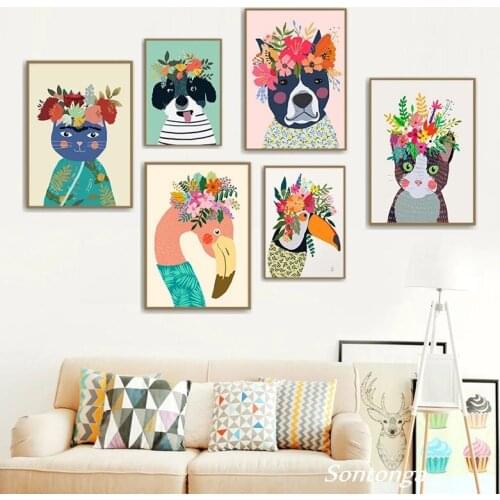 Colorful Flower Pets Flamingo Dog Cat Toucan Nordic Posters and Prints Wall Art Canvas Painting Wall Pictures Kids Room Decor