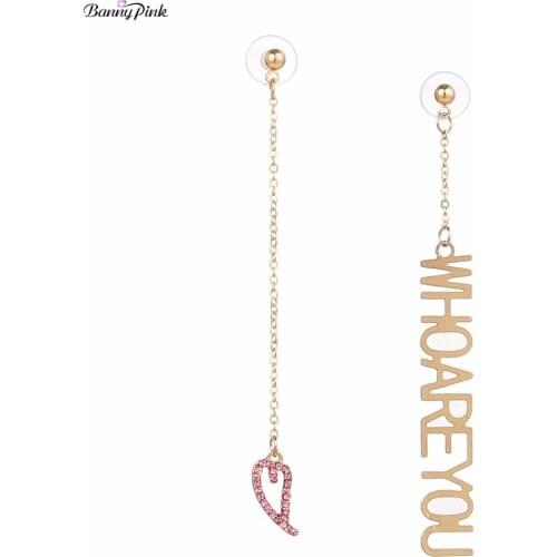 Cute Rhinestone Heart Letters Studs Earrings Chunky Long Pendant Post Earring Fashion Jewelry Pendiente Asymmetrical Earrings