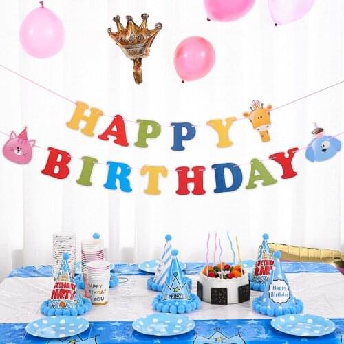 Cartoon animal happy birthday letter decoration bunting children birthday flag pull banner paper bunting party scene layout
