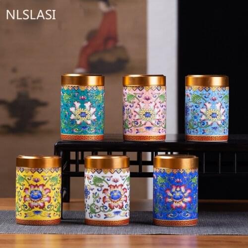 NLSLASI Ceramic tea jar metal screw cap mini tea can travel tea box Dried fruit spice seasoning jar powder rouge storage tank