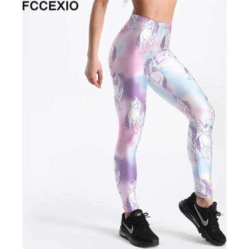 FCCEXIO New Workout Leggings High Waist Fitness Legging Rainbow Unicorn 3D Printed Leggins Female Leg Pants Large Size Leggings