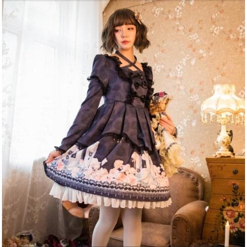 Lolita Long Sleeve OP Dress Gothic Retro Japanese Dark Print Princess Dress Cos Loli Kawaii Tea Party Vestidos