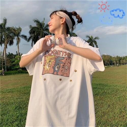 Casual Loose Vintage Ins Dinosaur T-shirt Womens T-shirts Tops Japanese Kawaii Ulzzang Female Korean Harajuku Clothes For Women