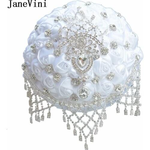 JaneVini Luxury Crystal White Bridal Brooch Bouquets Handmade Satin Roses Flowers Bouquet Rhinestones Wedding Bouquet Customize