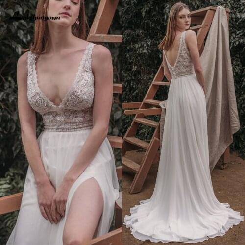 Sexy Side Slit Chiffon Wedding Dress V Neck Backless Boho Wedding Gowns vestido de novia Elegant Bride Dres Abito Da Sposa