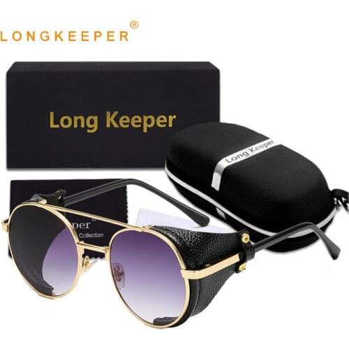 Retro Fashion Steampunk Sunglasses Men Women Leather Side Shield Round Gradient Sun Glasses Cool Punk UV400 Glasses With Case