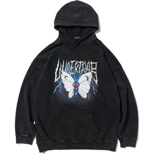 New Winter Hip Hop Hoodie Sweatshirt Lightning Butterfly Streetwear Hoodie Retro Vintage Washed Black Hooded Pullover Dropship