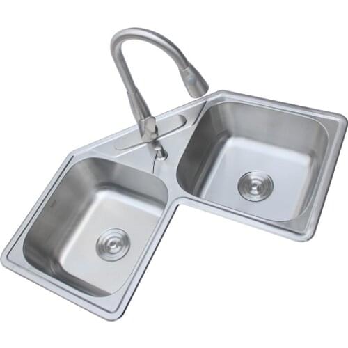 Kitchen Sinks Corner 304 Stainless Steel Double Sink Corner Wash Basin with Pulling Faucet Vegetable Fruit Wash Pool mx9210955