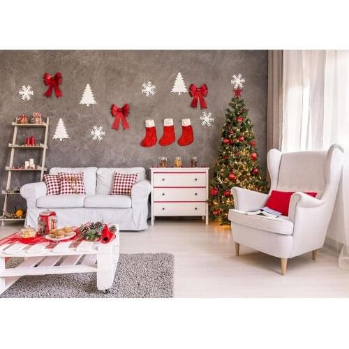 Gray Wall Christmas Tree GiftLiving Room Socks Photo Backgrond Vinyl Photography Backdrops for Family Baby Children Photoshoot
