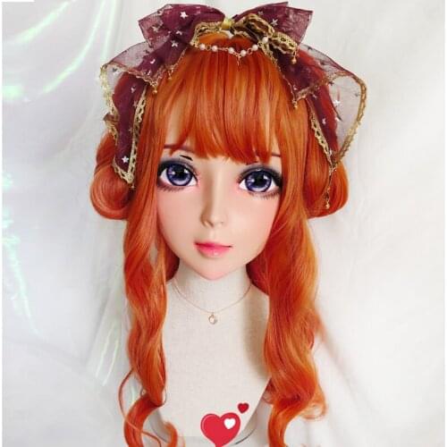 Ying-7)Female Sweet Girl Resin Half Head Kigurumi BJD Eyes Crossdress Cosplay Japanese Anime Role Lolita Mask With Eyes And Wig