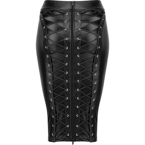 PU Leather Skirt up Zipper Bandage Bodycon Faux Leather 2021 Back Lace Womens Ladies Knee Length Wet Look Plus Size Black Style