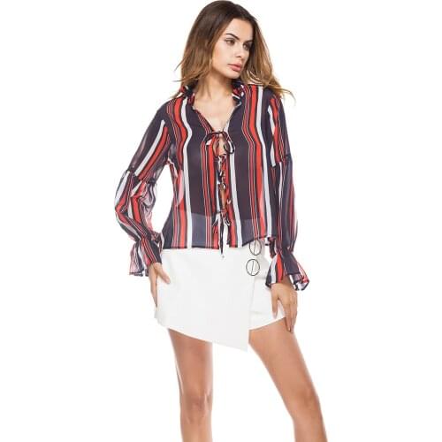 Womens Sexy V Neck Lace-Up Striped Shirts Flared Ruffle Sleeve Blouse Top Long Sleeved Blouse Buddle Bandage maternity