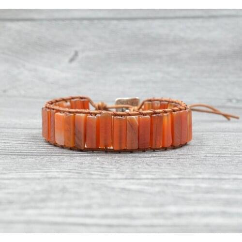 Retro Women Jewelry Ethnic Boho Bracelets Tube Shape Natural Red Agates Onyx Single Leather Wrap Bracelet Stone Beaded Bracelets