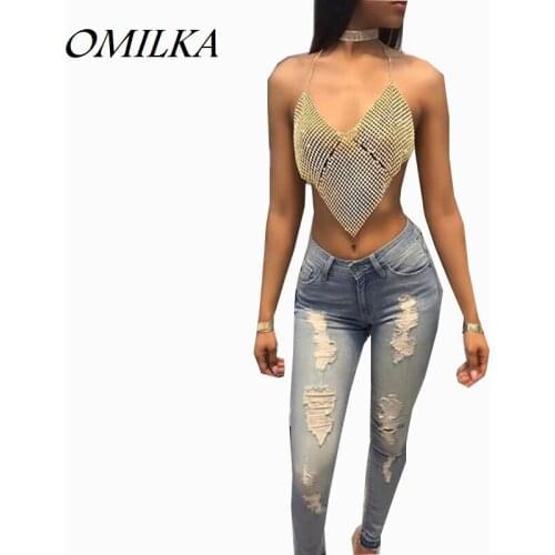 OMILKA 2017 Hot Summer Women Sleeveless Halter Backless Sequin Crop Tops Sexy Gold Silver Glitter Club Beach Short Sequined Tops